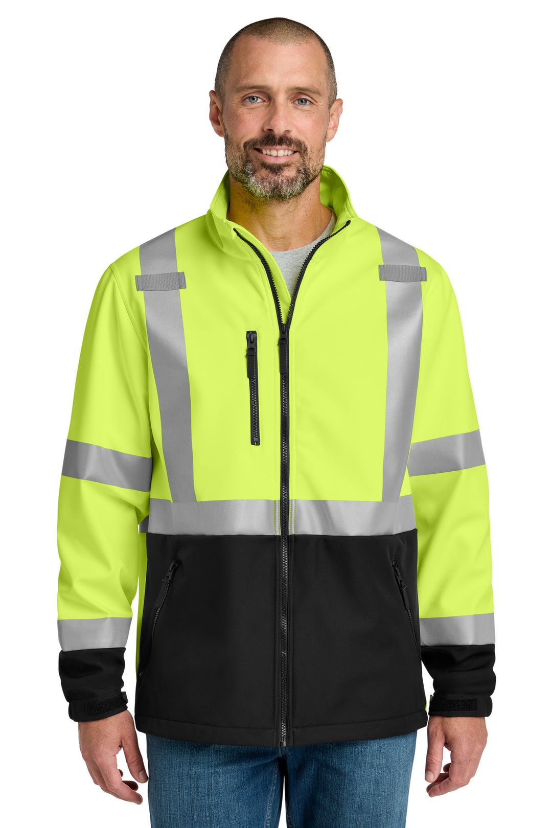 Safety Yellow CornerStone ANSI 107 Class 3 Soft Shell Jacket (CSJ503) - High-Vis, front view