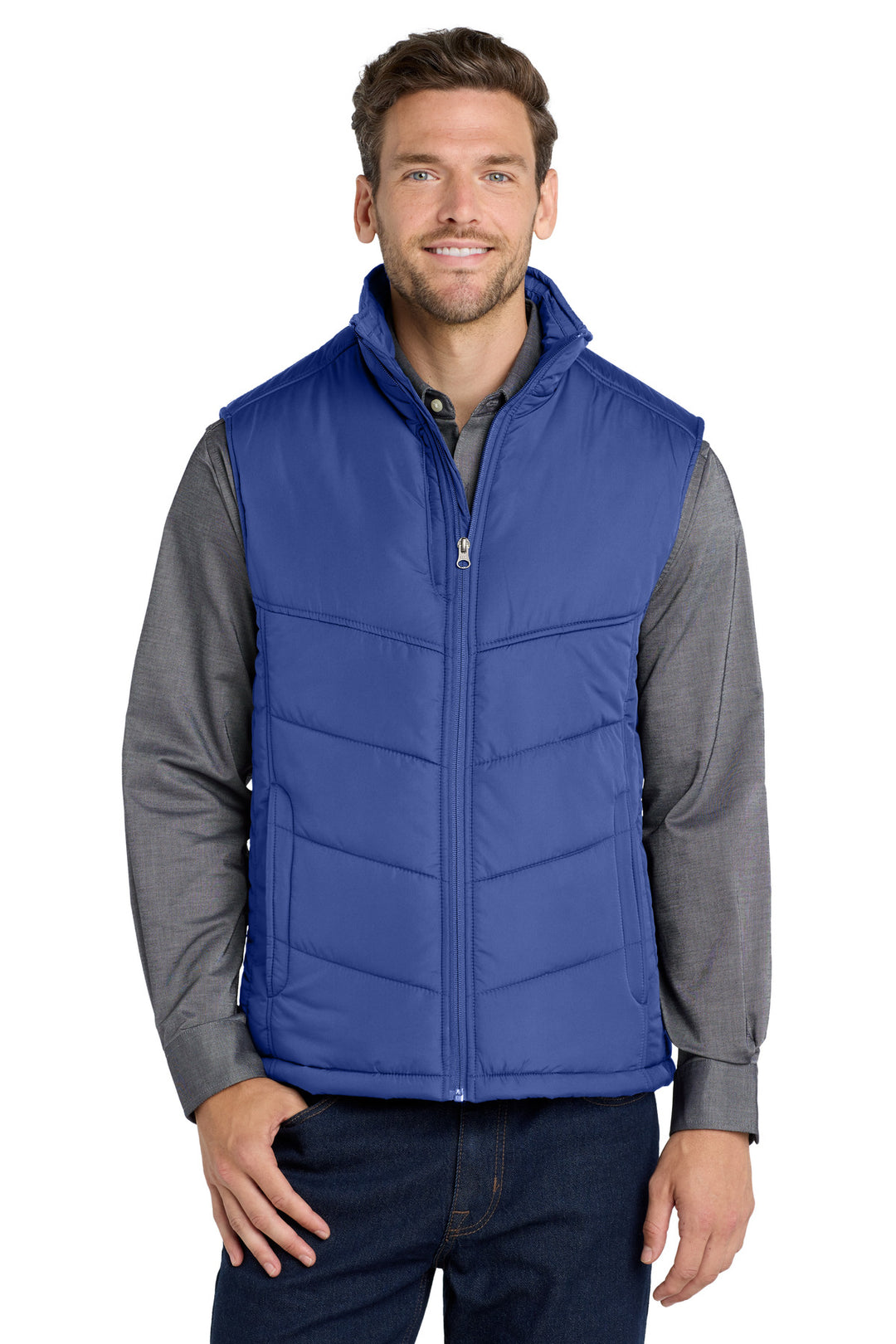 Mediterranean Blue Port Authority Puffy Vest (J709) - Vest, front view