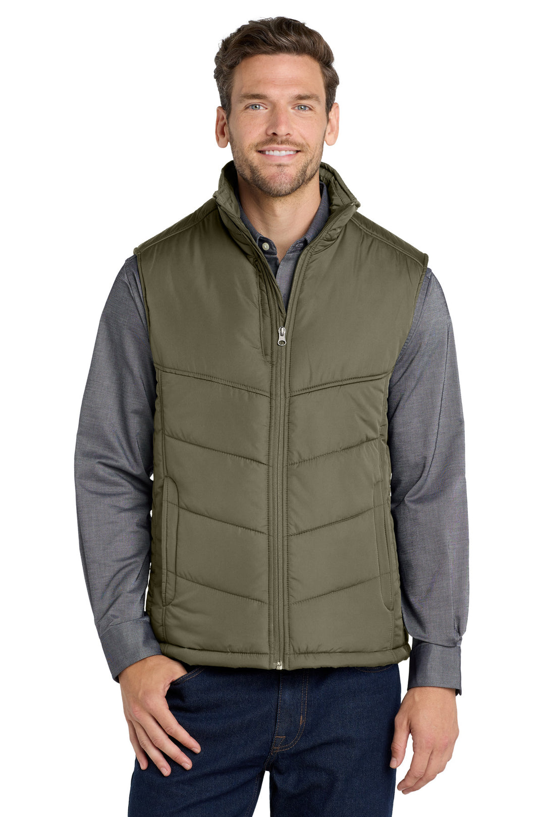 Olive Port Authority Puffy Vest (J709) - Vest, front view