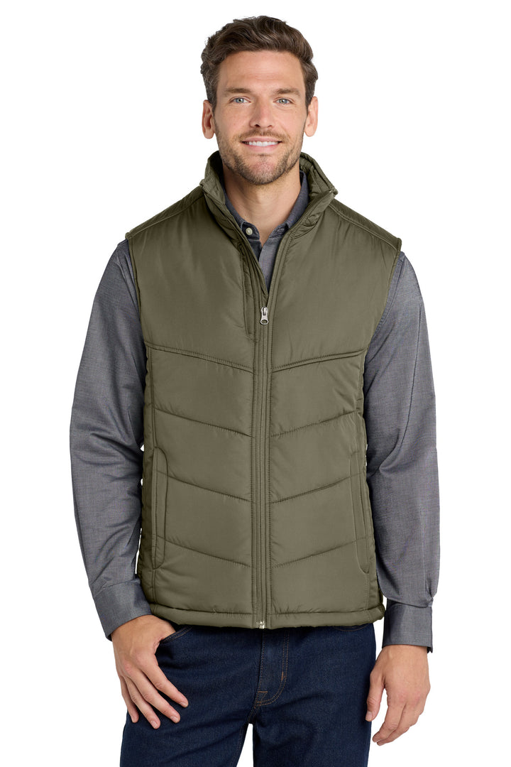 Olive Port Authority Puffy Vest (J709) - Vest, front view