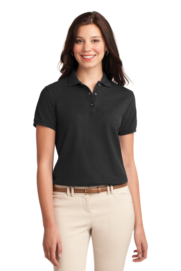 Women's Black Port Authority Silk Touch Polo (K500), women's fit (L500), front view