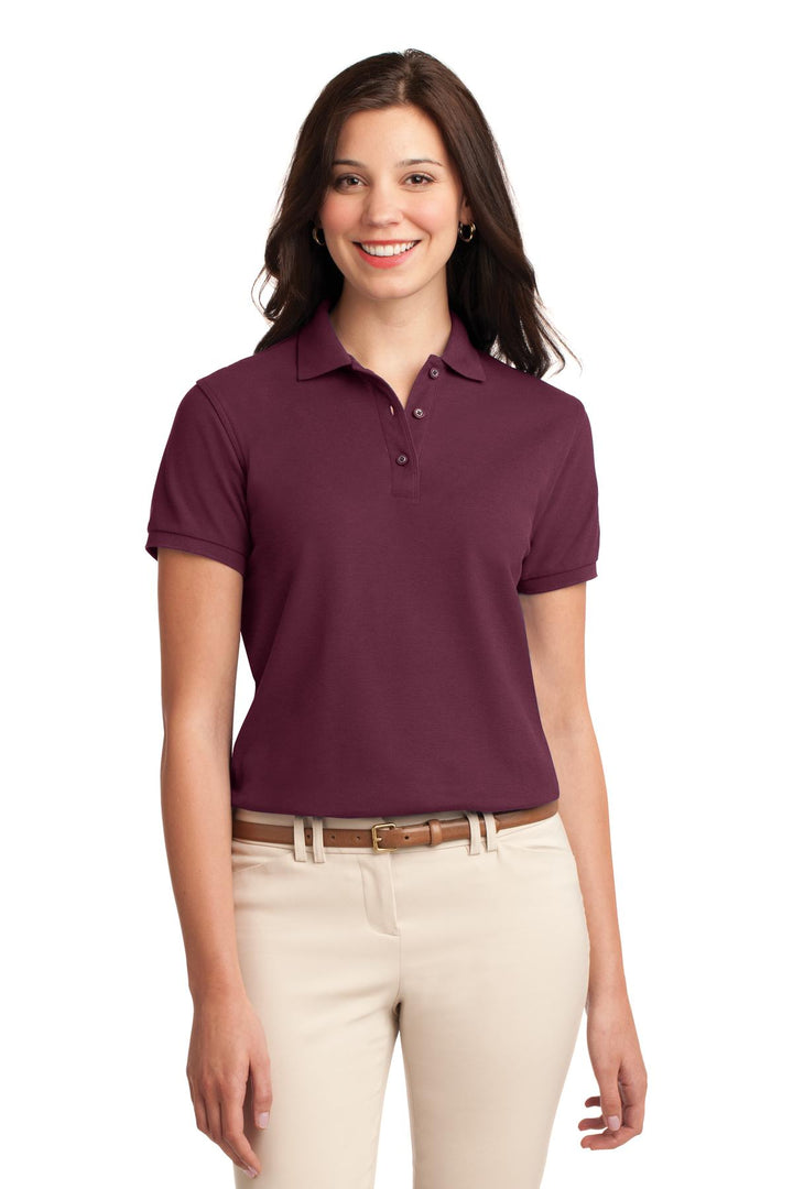 Women's Burgundy Port Authority Silk Touch Polo (K500), women's fit (L500), front view