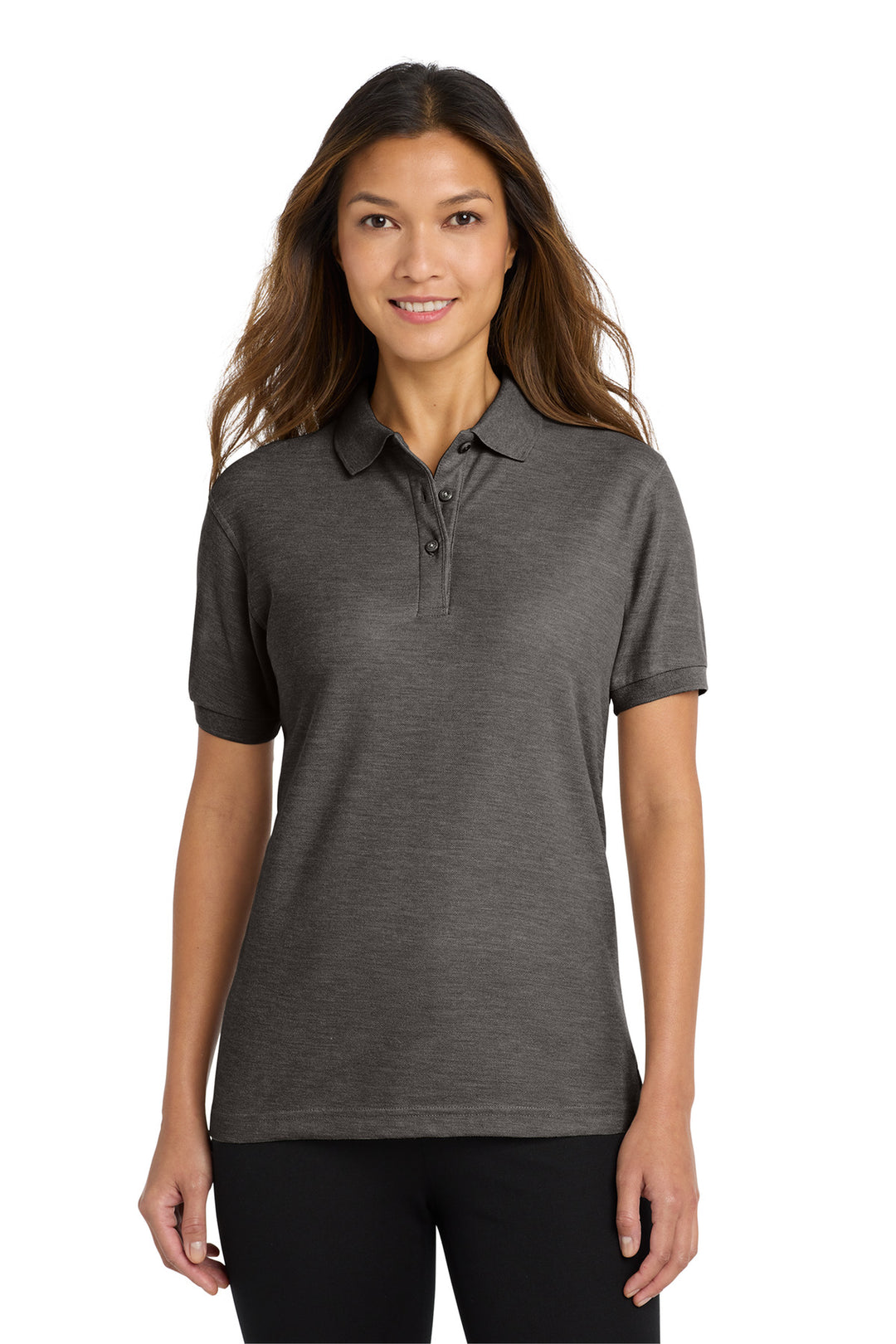 Women's Charcoal Heather Grey Port Authority Silk Touch Polo (K500), women's fit (L500), front view