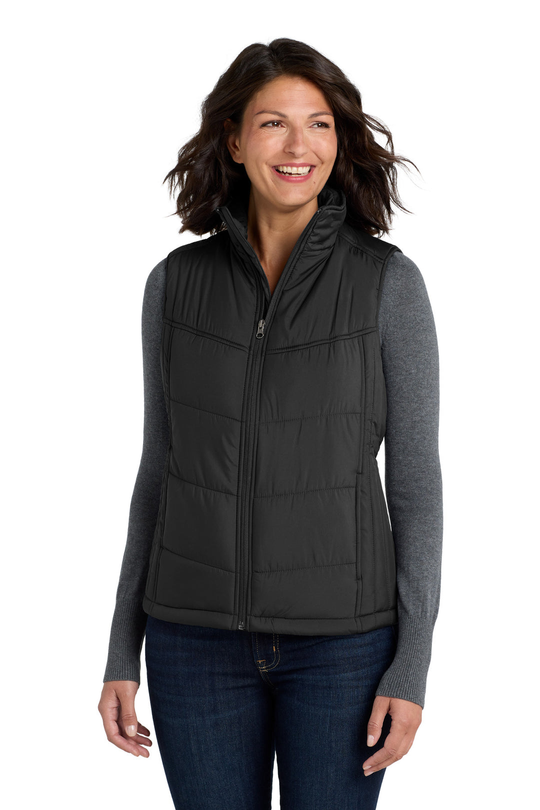 Women's Black Port Authority Puffy Vest (J709), women's fit (L709), front view