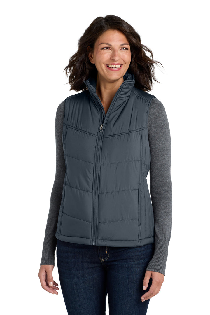 Women's Dark Slate Port Authority Puffy Vest (J709), women's fit (L709), front view