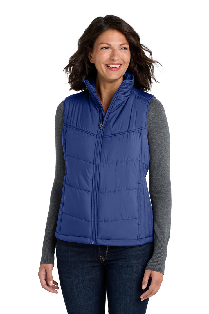 Women's Mediterranean Blue Port Authority Puffy Vest (J709), women's fit (L709), front view