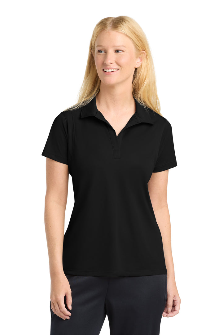 Women's Black Sport-Tek Micropique Sport-Wick Polo (ST650), women's fit (LST650), front view