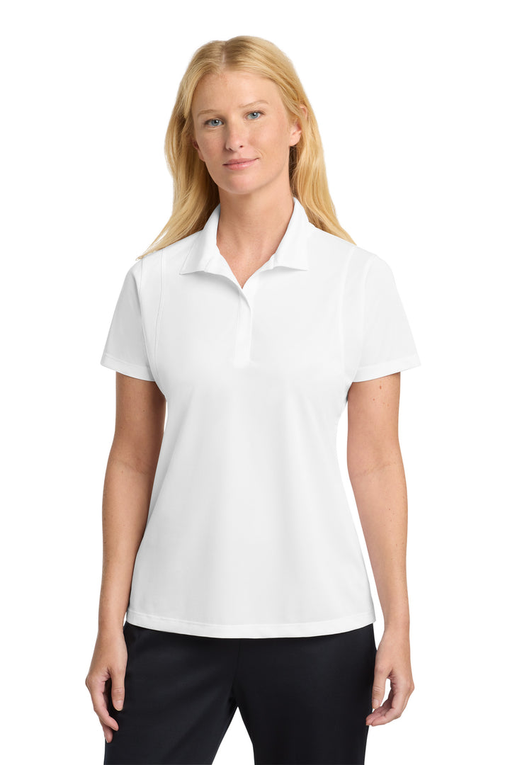 Women's White Sport-Tek Micropique Sport-Wick Polo (ST650), women's fit (LST650), front view