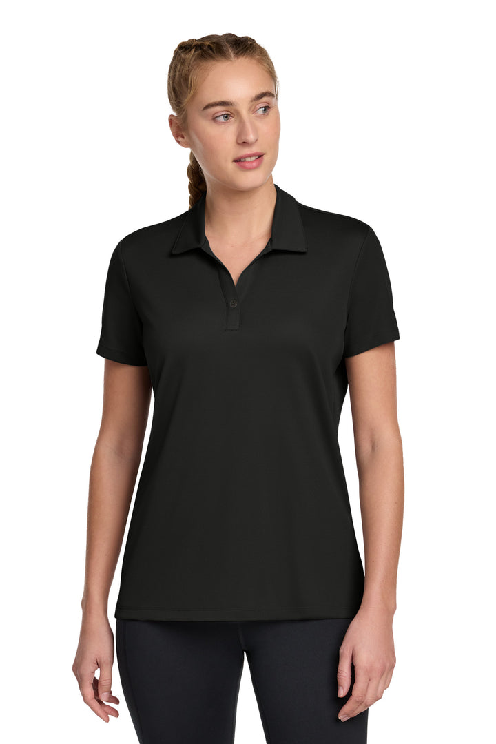 Women's Black Sport-Tek UV Micropique (ST740), women's fit (LST740), front view