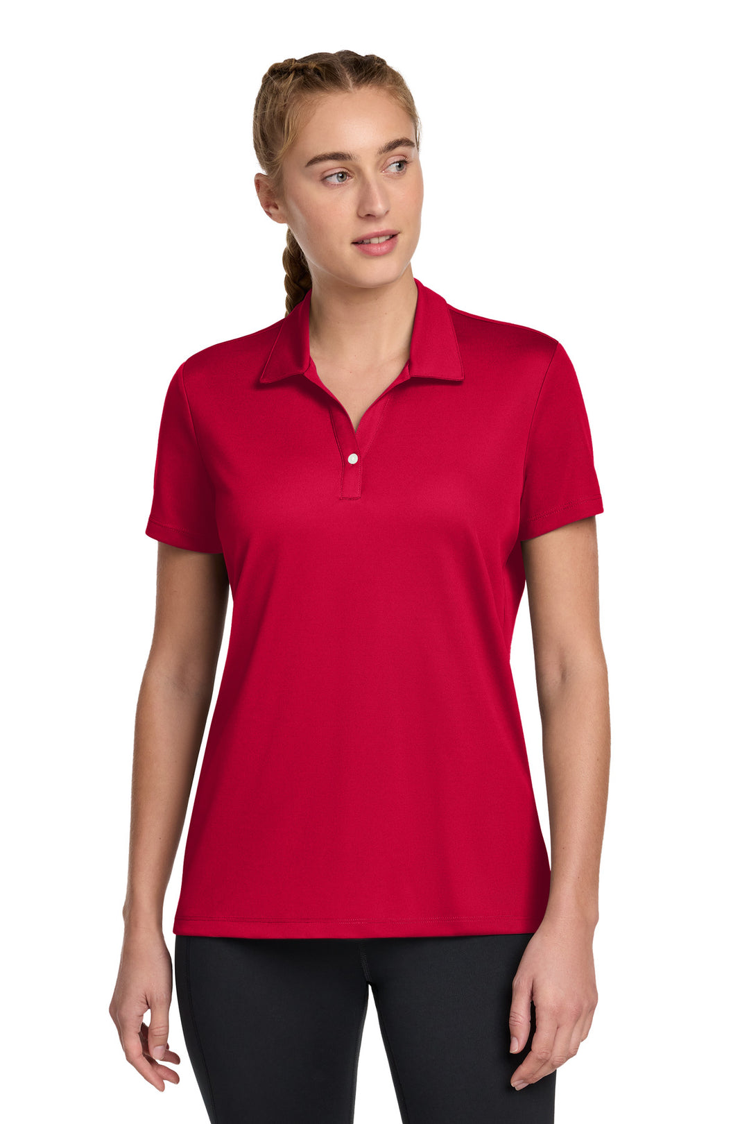 Women's Deep Red Sport-Tek UV Micropique (ST740), women's fit (LST740), front view