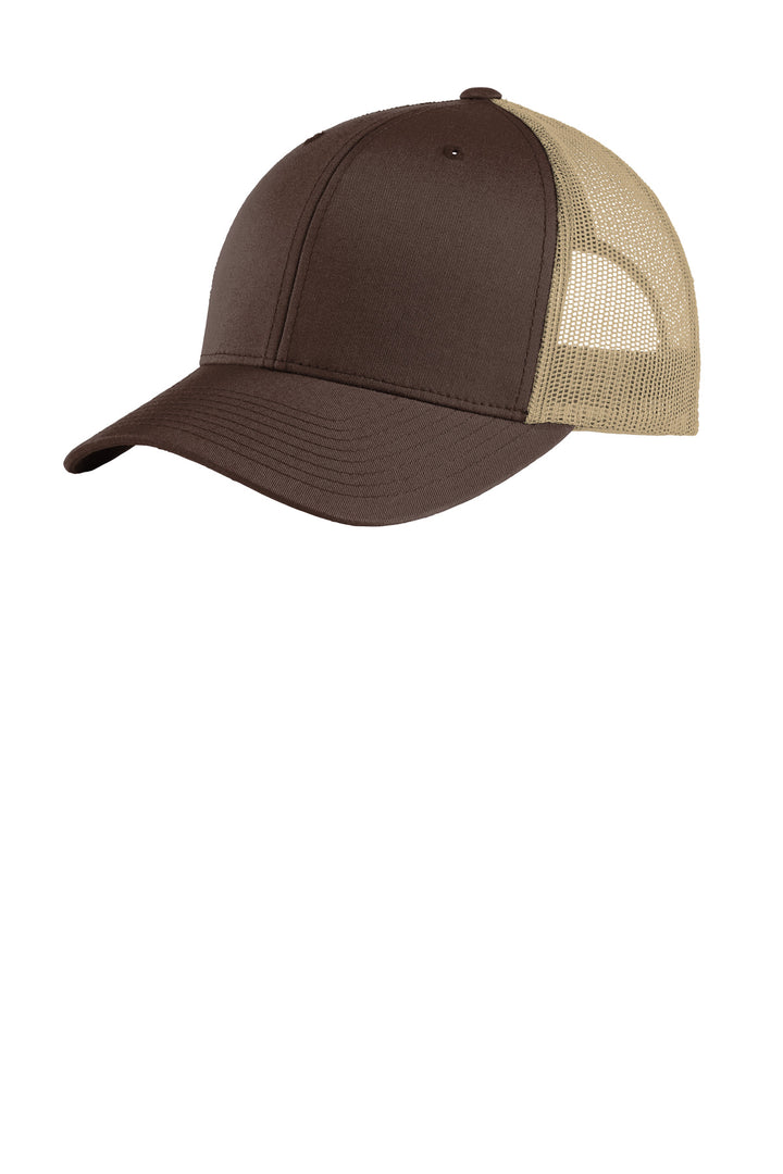 Chocolate Brown/ Khaki Sport-Tek YP Classics Retro Trucker Cap. (STC39) - Hat, front view