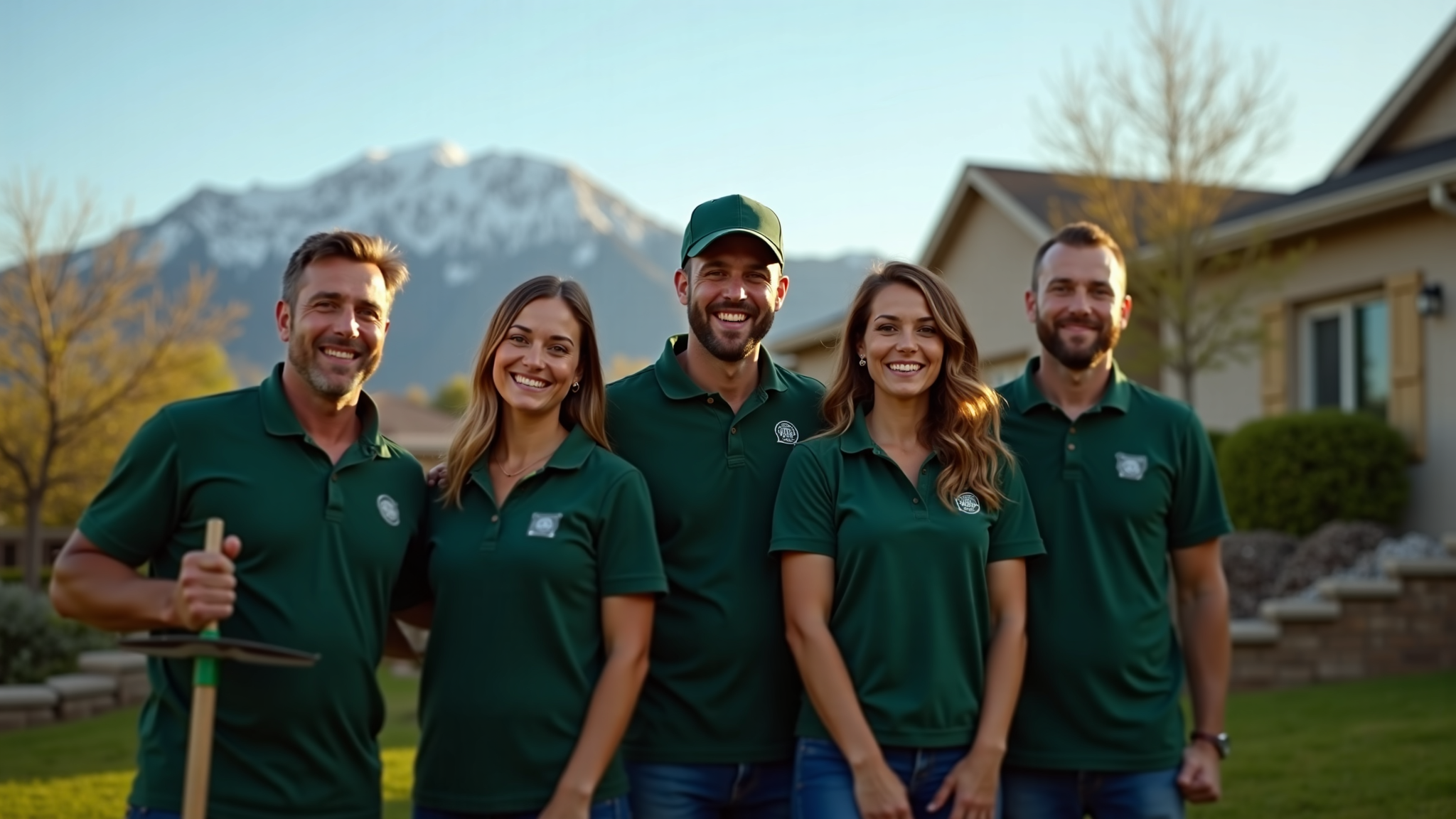 Utah landscapers crew in branded green polos, Wasatch backdrop