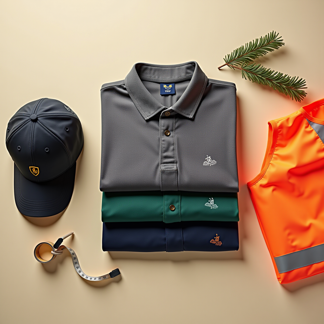 Folded branded polos, cap, hi-vis vest flat-lay