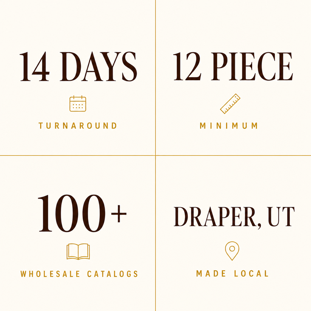 PPP 4-stat info-graphic: 14 days / 12 piece min / 100+ catalogs / Draper UT